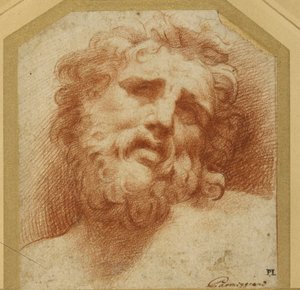 上を向いているヒゲ頭（ラオコーンの可能性あり）（白紙に赤チョーク 作： Parmigianino