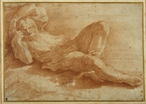 髭のある人物、寝ている（白紙に赤チョーク 作： Parmigianino