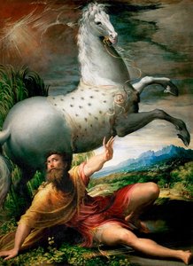 「ダマスカスへの道での聖パウロの回心」 1528 年頃、パルメザン (1503-1540) と呼ばれるジローラモ フランチェスコ マリア マッツォーラまたはマッツォーリ ディット イル パルミジャニーノによる絵画、ウィーン美術史博物館