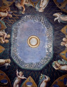 パルミジャニーノ（1503-1540）ことフランチェスコ・マッツォーラによる「プッティと空のきらめき」（1524年頃）、イタリア、エミリア＝ロマーニャ州パルマ近郊フォンタネラートのサンヴィターレ岩窟の「ディアナとアクタイオンの間」の丸天井のフレスコ画、詳細 作： Parmigianino