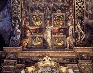 5人の狂った処女のうちの3人。フランチェスコ・マッツォーラ（1503-1540）による、パルマのマドンナ・デッラ・ステッカータ教会の大礼拝堂の主要な丸天井を飾るフレスコ画の詳細（「パルミジャニーノ（パルメザン）」と呼ばれる）。 作： Parmigianino