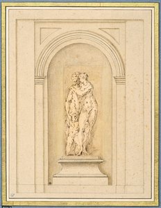 後の建築フレームに囲まれた 2 人の人物とキューピッド 作： Parmigianino