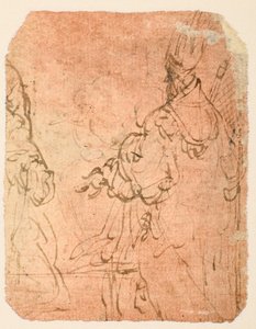 宗教的な衣装を着た 2 人の男性がひざまずいている (裏面) 作： Parmigianino