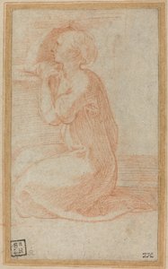 ひざまずいて手を頭に持ち上げる女性 作： Parmigianino