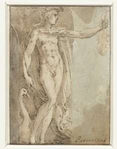 バイオリンとトキと一緒にニッチに立つマーキュリー 作： Parmigianino