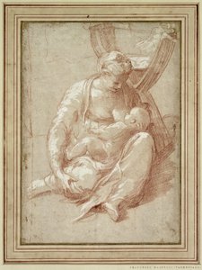 地面に座り、子供を育てるヴァージン 作： Parmigianino