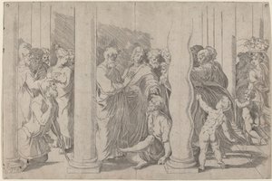 黄金の門で足の不自由な人を癒す聖ペテロと聖ヨハネ 作： Parmigianino after Raphael