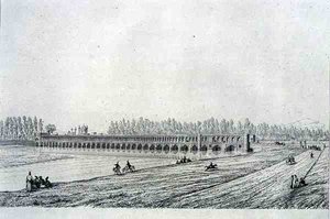 イスファハンのアラー・ヴェルディ・ハーン橋（Claude Sauvageot（1832-85）が彫刻したペルシャの「Voyage Pittoresque」より） パリのLemercier社から出版された。 作： Pascal Xavier (after) Coste