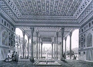 イスファハンの鏡のパビリオンの内観、クロード・ソーヴァジョ（1832-85）とジャン・シャルル・ユゲが彫刻した「ペルシャの近代建造物」の35番プレート 作： Pascal Xavier (after) Coste