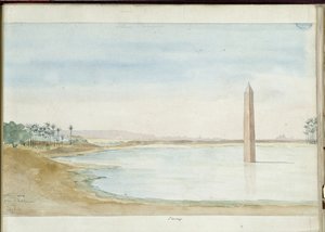 エジプトのヘリオポリスにあるセソストリス1世のナイル川とオベリスクの眺め。 パスカル コステ (1787-1879) による水彩画。 マルセイユ市立図書館 作： Pascal Xavier (after) Coste