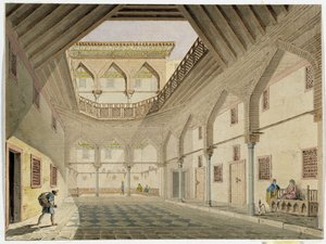 アジール・オスマン・アガの本拠地であるキャラバンサレールの内部の眺め。 パスカル コステ (1787-1879) による水彩画 地中海考古学博物館、マルセイユ