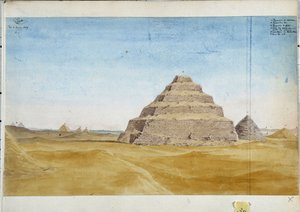 サカラのピラミッドの眺め。 エジプト 1819 年 1 月 水彩画 パスカル コステ (1787-1879) 作 マルセイユ市立図書館 作： Pascal Xavier (after) Coste
