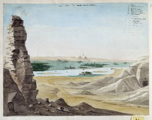勝丹山からの眺め。 エジプト。 1818年 パスカル・コステ (1787-1879) によるデッサン 地中海考古学博物館、マルセイユ 作： Pascal Xavier (after) Coste