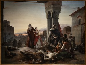 1315年、マッテオ・ヴィスコンティの手によるパヴィアの征服中に殺された息子の死体を探しているリッチャルディーノ・ランゴスコの母親 作： Pasquale Massacra
