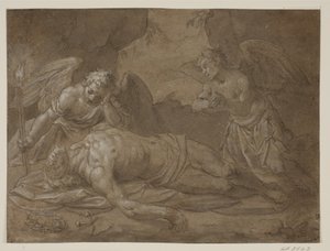 2 人の天使によって嘆き悲しむ死んだキリスト 作： Pasquale Ottino