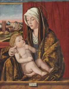 マドンナとチャイルド（パネルのオイルとテンペラ、別のパネルに移された） 作： Pasqualino Veneto (fl.1496 1504)