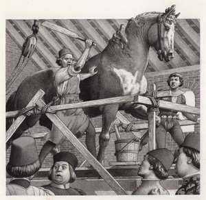アンドレア・ヴェロッキオ、馬の彫像の頭を叩き割る（紙にグワッシュ） 作： Pat (1907-95) Nicolle
