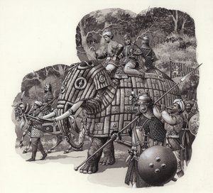 中国軍装甲象（紙にグワッシュ）