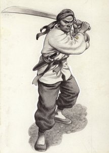 中国のボクサー戦士（紙にガッシュ） 作： Pat (1907-95) Nicolle