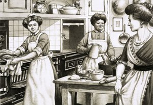 エドワード朝時代の調理は、石炭を焚いたレンジで行われていた 作： Pat (1907-95) Nicolle
