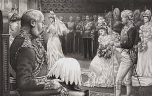 エドワード7世（1844-1925）とアレクサンドラ王妃（1841-1910）に贈られるデビュタントたち（グワッシュ、紙） 作： Pat (1907-95) Nicolle