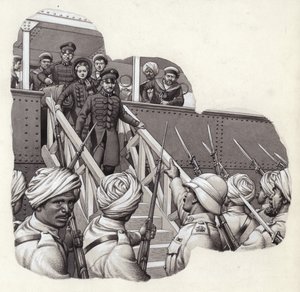 ボンベイに到着した救世軍のフレデリック・タッカー（紙にグワッシュ） 作： Pat (1907-95) Nicolle