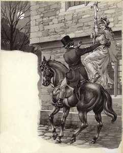 グレトナ・グリーンに駆け落ちするジョン・ピールとメアリー・ホワイト（紙にグワッシュ） 作： Pat (1907-95) Nicolle