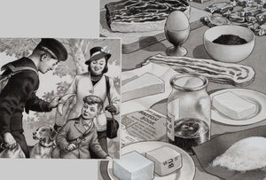 戦時中の食糧（紙にグワッシュ）