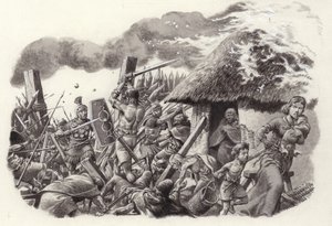 乙女城を襲うローマ軍団（紙にグワッシュ）