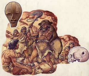 石器時代の医者が、同胞を病気にする悪魔を追い出す（紙にグワッシュ）