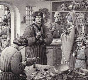 15世紀イタリアの金細工店（紙にグワッシュ）