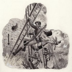 バダホス攻撃でフランス軍の砲火を浴びるイギリス兵（紙にグワッシュ） 作： パット (1907-95) ニコル