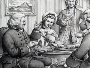 スロール夫妻のもてなしでお茶を飲むジョンソン博士