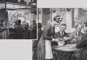 エドワーディアン・コーヒー屋台と喫茶店（紙にグワッシュ） 作： パット (1907-95) ニコル