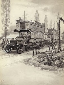 第一次世界大戦中、軍隊を前線に送るために使われたロンドンのバス（紙にグワッシュ）