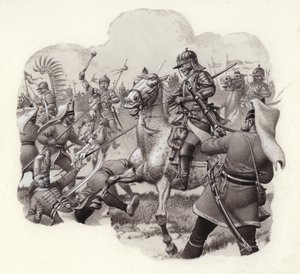 1683年、ウィーンでトルコのヤニサリー連隊と戦うポーランド騎兵隊（紙にグワッシュ）