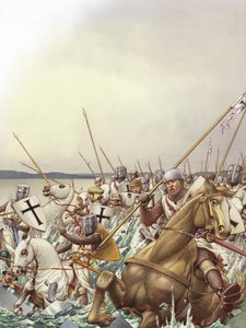 凍ったペイプス湖の氷を突き破る騎士たち（グワッシュ、紙）