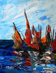 Port a Bainetのヨット、2009年（木にアクリル） 作： Patricia Brintle