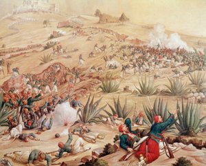 メキシコ遠征。"1862年5月5日、プエブラ・デ・ロス・アンヘレス市周辺で、イグナシオ・サラゴサ率いるメキシコ軍と、ロレンス伯爵シャルル・フェルディナンド・ラトリル率いる第二フランス帝国軍との間で行われた「プエブラの戦い」（The Battle of Puebla 作： Patricio Ramos Ortega
