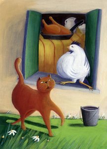 農場の庭にいる猫とニワトリ - イラスト：Patrizia La Porta 作： Patrizia La Porta