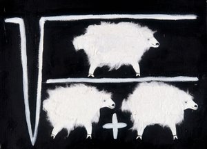 クローン：平方根、割り算、足し算の計算を羊をモルモットに見立てた数学記号。黒地に白のコラージュ。
