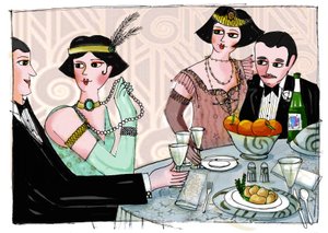 アメリカの作家フランシス・スコット・フィッツジェラルド（1896-1940）の「華麗なるギャツビー」に登場する世俗的な晩餐を描いたイラスト（「華麗なるギャツビー」） パトリツィア・ラポルタによるデッサン