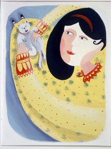 猫をなでる若い女性 - イラスト：Patrizia La Porta 作： Patrizia La Porta