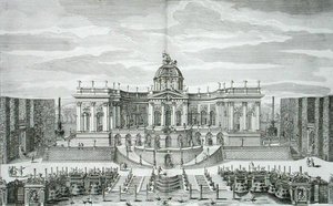 ヨハン・アウグスト・コルヴィヌス(1683-1738)が彫ったベルリンの王宮と庭園の大石窟と噴水の庭、1711-16年頃に出版された(彫刻) 作： Paul Decker