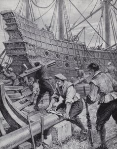 1588年のスペイン艦隊との戦いで旗艦となったイギリスのガレオン船「アーク・ロイヤル」の建造（リトグラフ 作： Paul (after) Hardy