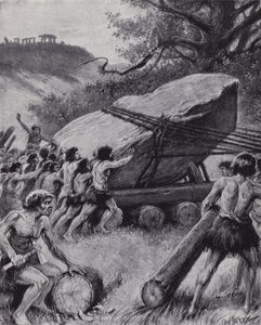 旧石器時代の人々が巨大な岩盤を車輪で移動させている様子（リトグラフ