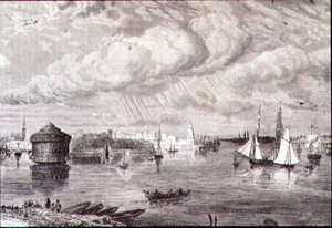 1860年代のニューヨーク・ハーバー(エングレービング) 作： Paul (after) Huet