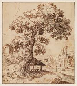 遺跡と人物のある風景、c.1615（ゆったりとした紙に黒いチョーク、ペン、茶色のインク、黒いインクフレーミングラインが付いています）