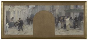 パリ市庁舎、大統領府のためのスケッチ：負傷者を救急車に運ぶ様子。1870年、パリ包囲戦中の商店前の行列 作： Paul Albert Baudouin