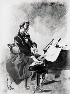 ピアノを弾く作曲家・ピアニストのフレデリック・ショパン（Albert Besnard（1849-1934）作）、水彩画 作： Paul Albert Besnard